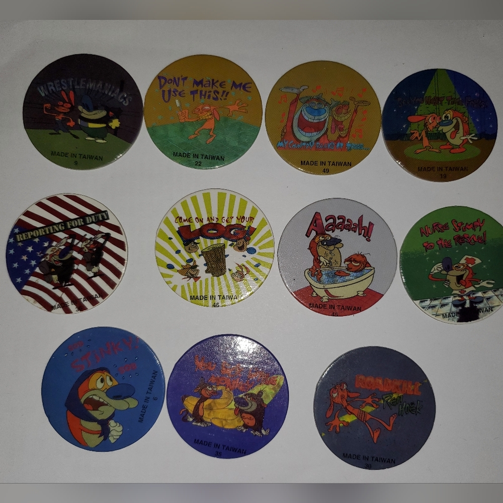 Lot Of 11 Rare Ren & Stimpy Pogs - 90’s Milk Cap POG Ren And Stimpy Nickelodeon